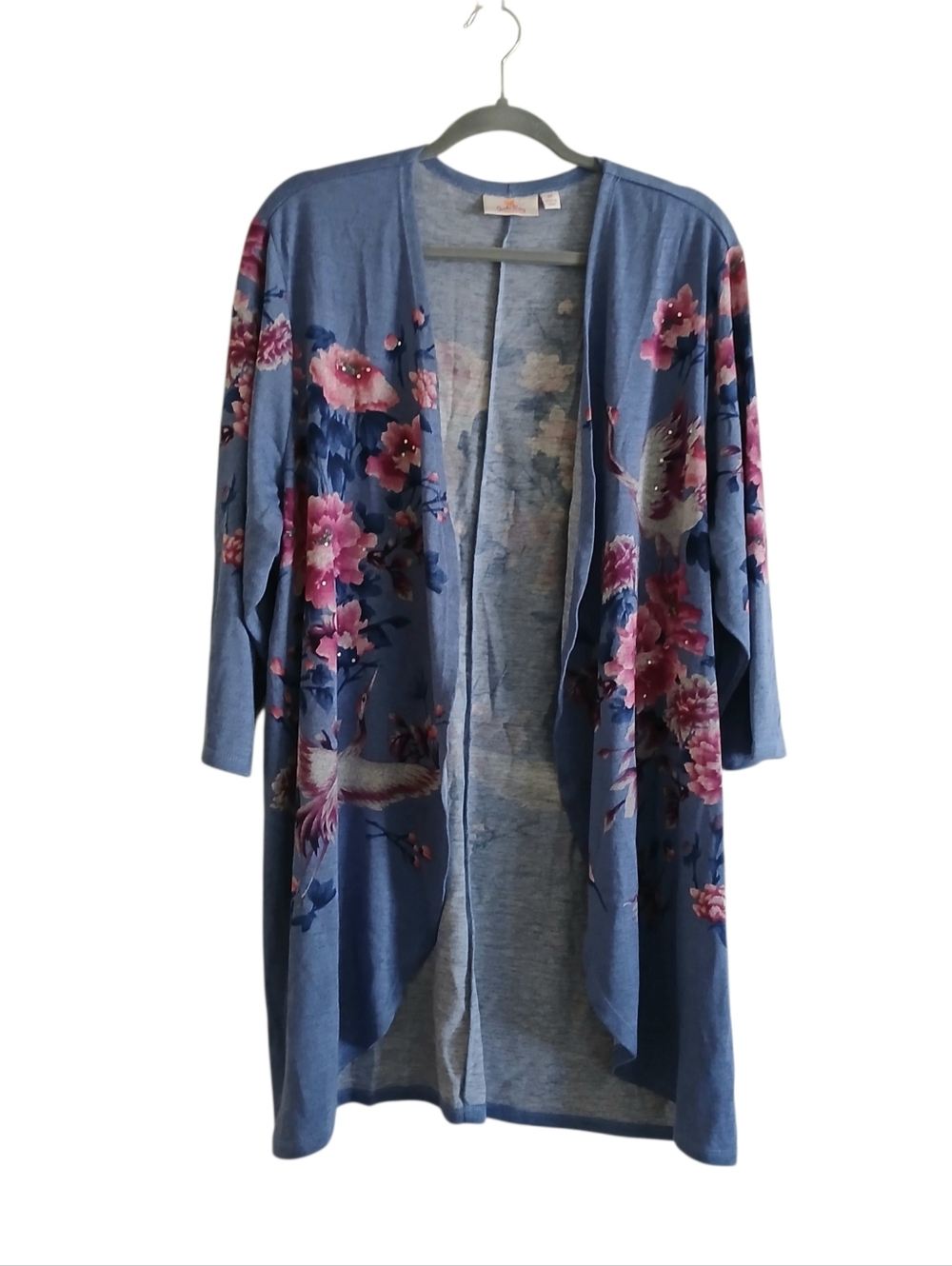 QUACKER FACTORY Crane Cherry Blossom Longline Cardigan Women's 2X Blue Open